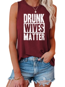 Detail of burgundy tank top with white Drunk Wives Matter slogan and crew neck design