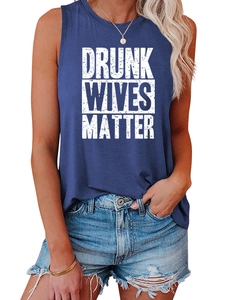 Detailed view of blue tank top with white DRUNK WIVES MATTER text and frayed denim shorts