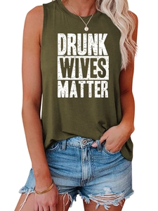 Close-up of military green tank top with vintage Drunk Wives Matter slogan print