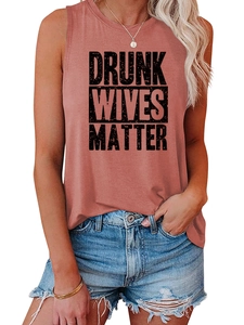Close-up of pink sleeveless tank top featuring bold black Drunk Wives Matter graphic print