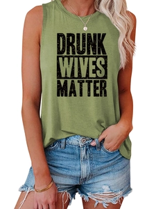 Close-up of Drunk Wives Matter graphic print on a green sleeveless cotton tank top