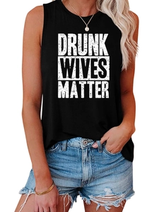 Detail of black tank top with white DRUNK WIVES MATTER slogan and round neckline