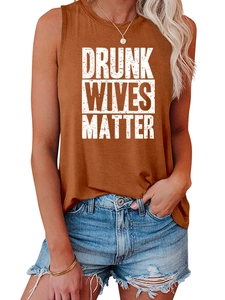 Detail of rust-colored sleeveless tank top with white Drunk Wives Matter graphic text