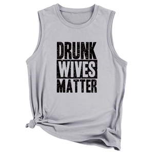 Detail of grey tank top with Drunk Wives Matter slogan and stylish side knot design