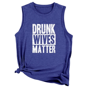 Detail of royal blue sleeveless tank top featuring a white slogan and side knot design