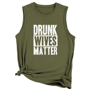 Olive green sleeveless tank top with white Drunk Wives Matter graphic and knotted hem