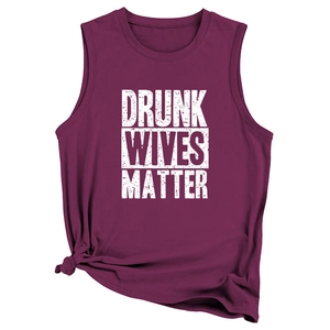 Detail of plum sleeveless tank top with Drunk Wives Matter print and front knot tie