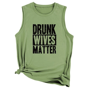 Detail of olive green tank top with front knot and Drunk Wives Matter slogan print