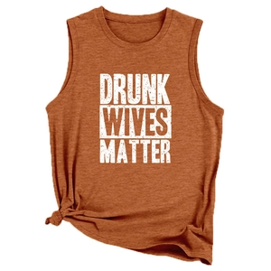 Detail of heathered orange tank top with Drunk Wives Matter print and side knot