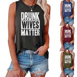 Women Tank Top Cotton Blend Sleeveless Round Neck Loose Side Knot Letter Print Casual Summer Top