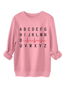 Detailed view of pink sweatshirt with black alphabet and red heartbeat graphic