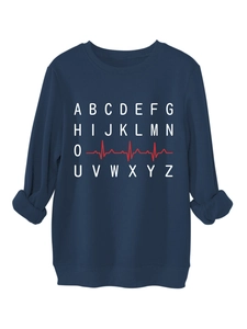 Detail view of navy blue sweatshirt featuring unique red heartbeat line and white alphabet print