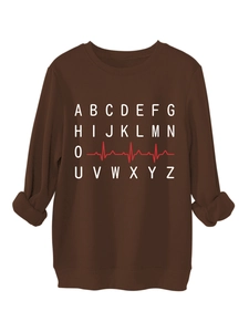 Detail of coffee brown sweatshirt ribbed neckline and heartline letter graphic
