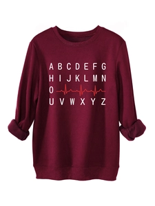 Detail of burgundy sweatshirt showing ribbed cuffs and heartbeat pulse graphic print