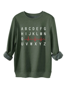Detail of olive green sweatshirt with white letters and red heartbeat line pattern