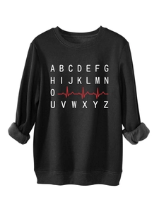 Detail of ribbed cuffs and alphabet ECG heartbeat print on black sweatshirt