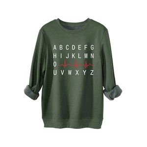 Thick dark green crewneck sweatshirt with fleece lining and white heartbeat graphic