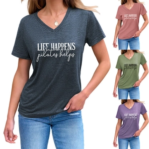 Collage of V-neck Pilates slogan t-shirts in grey, pink, green, and purple colors