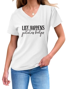 Detail of V-neck white T-shirt with black LIFE HAPPENS pilates helps lettering design
