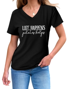 Detailed close-up of V-neck black Pilates T-shirt with white art typography print