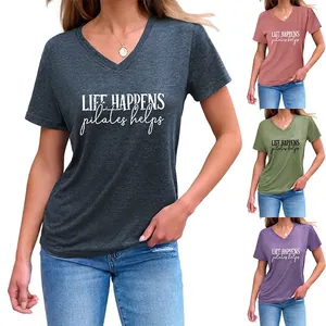 Women's V Neck Short Sleeve T-Shirt Cotton Blend Life Happens Pilates Helps Graphic Casual Loose Fit Tee Top