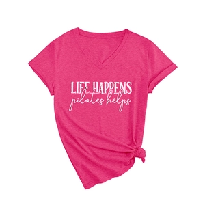 Pink V-neck short sleeve T-shirt with 'life happens pilates helps' print and front knot