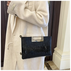 Detailed close-up of black crocodile pattern leather and silver metal handle on handbag