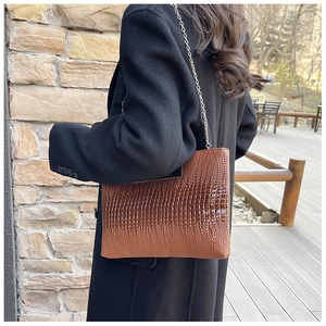 Detail of brown crocodile pattern shoulder bag with polished silver metal chain strap
