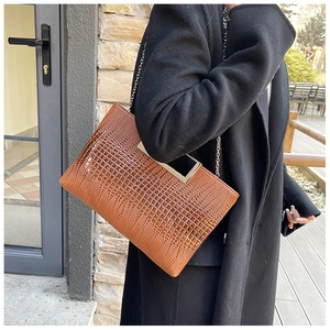 Brown crocodile pattern bag with metallic hollow handle and silver chain strap details