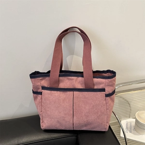 Retro Corduroy Tote Bag For Women Large Capacity Multi-pocket Contrast Trim Zipper Japanese Casual Shoulder Handbag