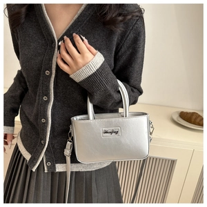Dettaglio della mini borsa metallizzata argento con placca logo e manico chic