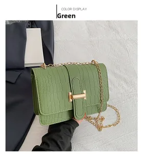 Detail of green crocodile pattern crossbody bag with gold chain and metal buckle