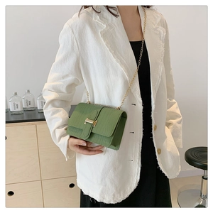 Close-up of green crocodile pattern shoulder bag with golden H-shaped metal buckle