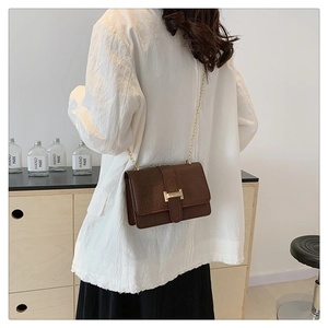 Detail of brown crocodile pattern shoulder bag with a gold H-clasp and chain strap