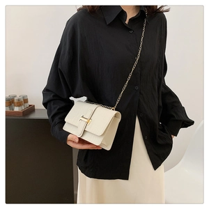 Detail of white crocodile pattern crossbody bag with gold H-buckle and chain strap