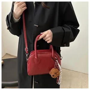 Retro red leather Boston handbag with lucky OHIO embossing and cute bear charm