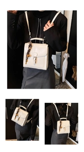 Detail view of white structured bag with silk scarf charm shown in multi-carry styles