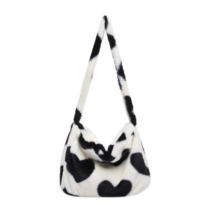 Sac fourre-tout en peluche avec imprimé vache cœur noir et blanc en fausse fourrure