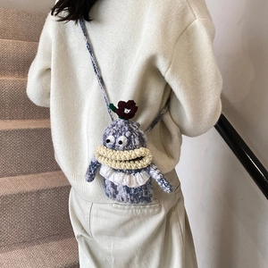 Handmade woven doll phone bag in purple and yellow with cute big mouth design
