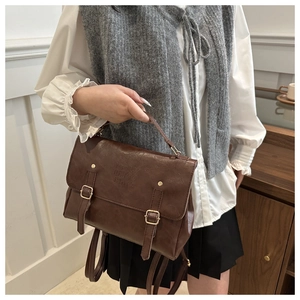 Retro dark brown PU leather briefcase bag styled with college outfit and top handle