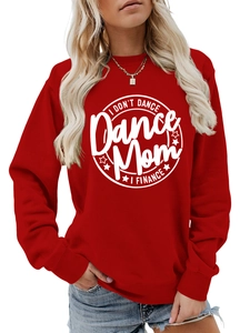 Detail view of red crewneck sweatshirt featuring white I DON'T DANCE printed design