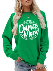 Close-up of green round neck sweatshirt featuring I Don't Dance text and white graphic print