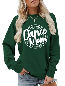 Detail of white graphic print and ribbed cuffs on dark green crewneck sweatshirt