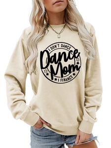 Detail of the crewneck sweatshirt showing the I DON'T DANCE DANCE MOM circular print