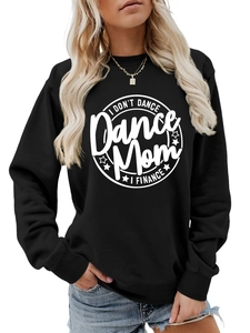 Close-up of ribbed cuffs and white Dance Mom I FINANCE print on black sweatshirt