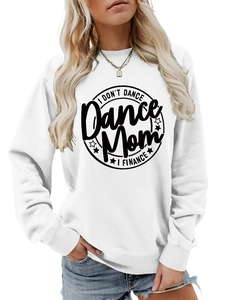 Detail of white crewneck sweatshirt with black Dance Mom star print and ribbed cuffs