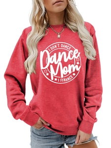 Detail of red crewneck sweatshirt with white I DON'T DANCE printed text and ribbed cuffs