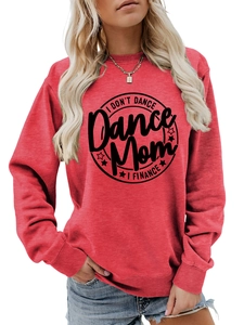 Close-up of I Don't Dance text and graphic print on a red cotton crewneck sweatshirt