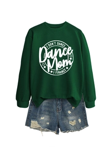 Detail of dark green sweatshirt with I DON'T DANCE print and ribbed cuffs and hem