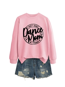 Detail of pink crewneck sweatshirt featuring I Don't Dance Finance text and denim shorts